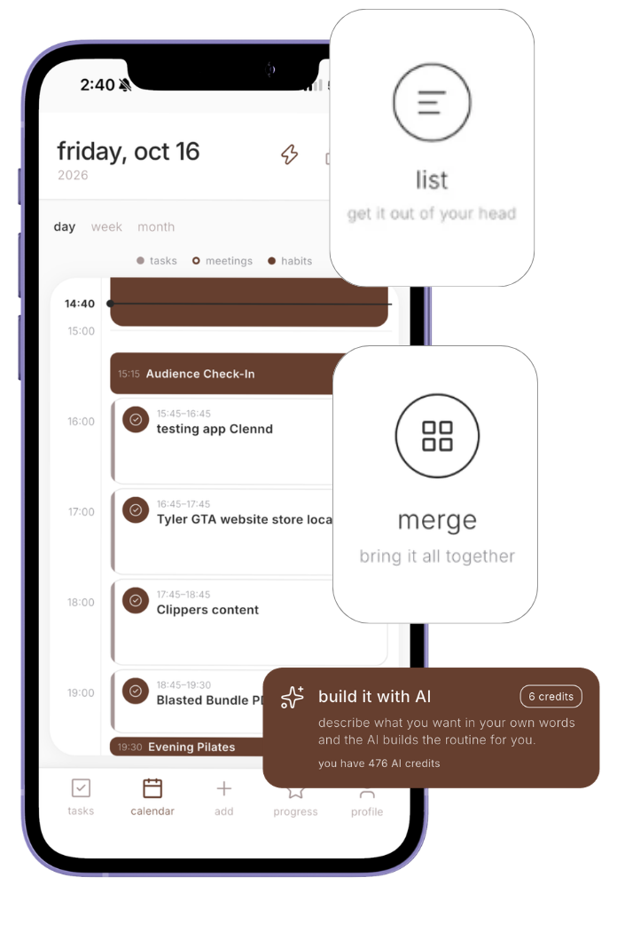 the calendar screen with the list, merge and build it with AI cards
