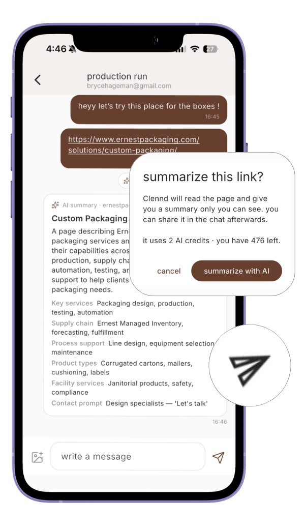 a task chat with the summarize this link dialog