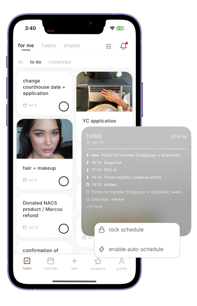 the tasks screen with the today widget and the lock schedule menu